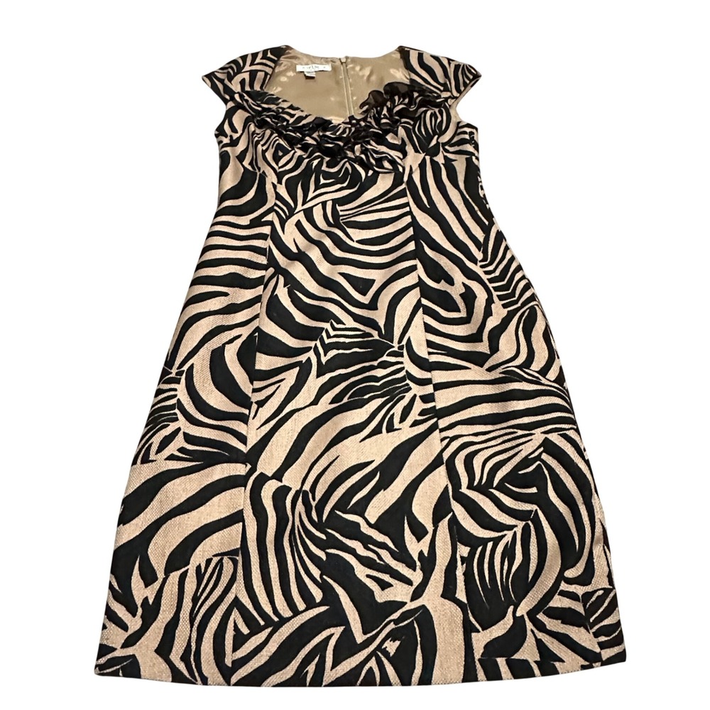 Kay Unger New York Zebra‎ Print Ruffle Neck Sheath Dress Tan Black Size 8